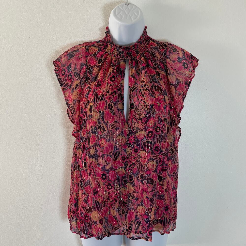 ALC Hayley Top Womens 8 Pink Silk Chiffon Metallic Floral Flutter Boho Smocked